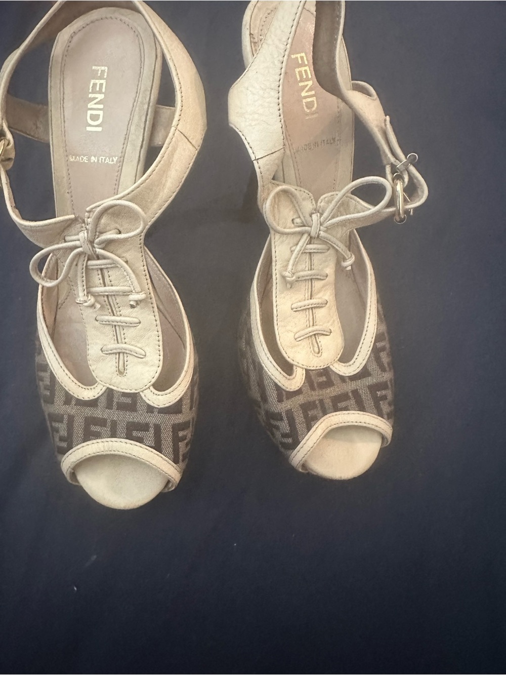 Fendi Brown FF Logo Peep-Toe Wedge Sandals with Beige Trim